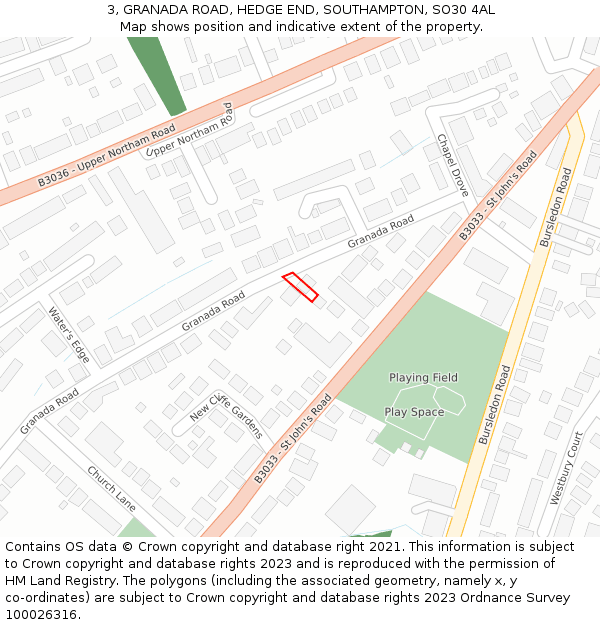 3, GRANADA ROAD, HEDGE END, SOUTHAMPTON, SO30 4AL: Location map and indicative extent of plot