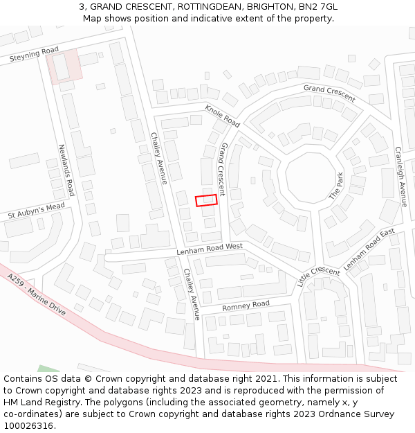 3, GRAND CRESCENT, ROTTINGDEAN, BRIGHTON, BN2 7GL: Location map and indicative extent of plot
