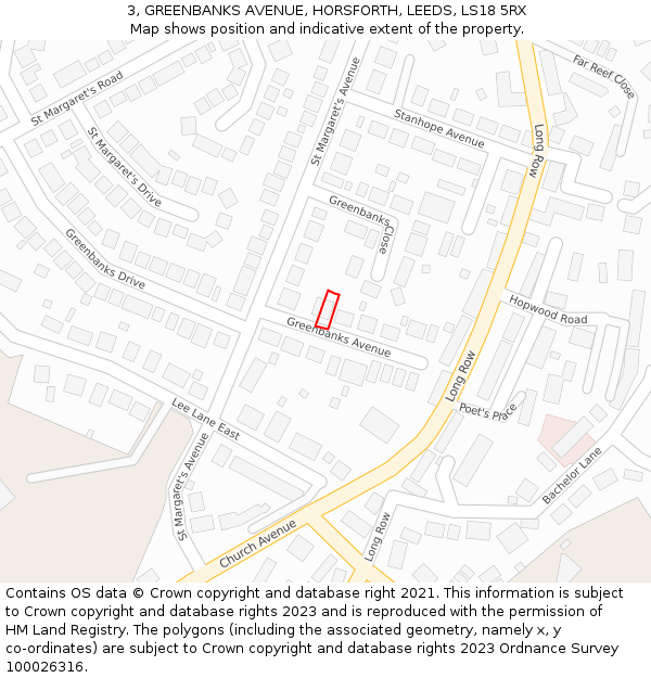 3, GREENBANKS AVENUE, HORSFORTH, LEEDS, LS18 5RX: Location map and indicative extent of plot