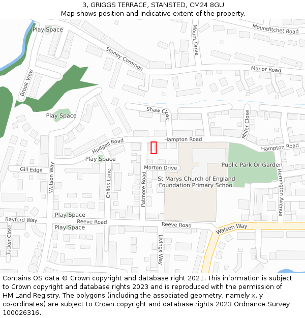 3, GRIGGS TERRACE, STANSTED, CM24 8GU: Location map and indicative extent of plot
