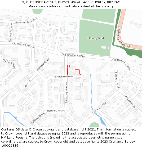 3, GUERNSEY AVENUE, BUCKSHAW VILLAGE, CHORLEY, PR7 7AG: Location map and indicative extent of plot