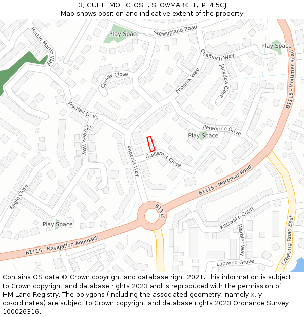 3, GUILLEMOT CLOSE, STOWMARKET, IP14 5GJ: Location map and indicative extent of plot