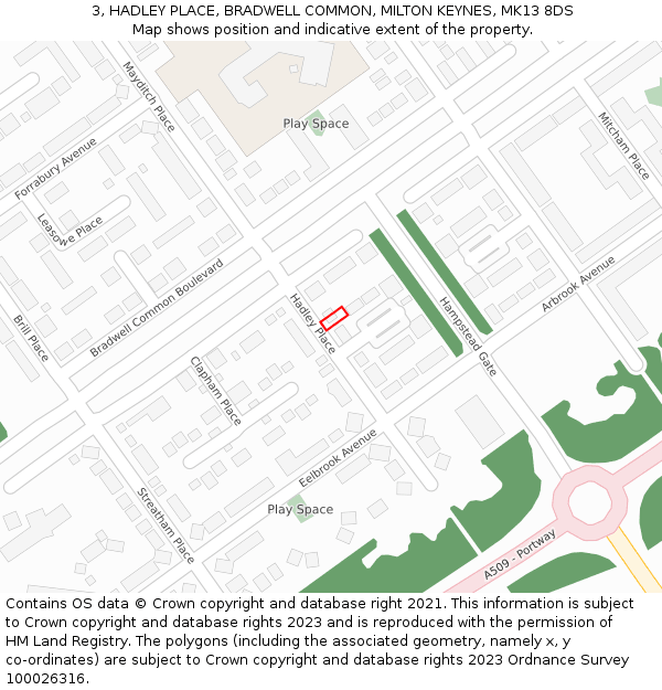 3, HADLEY PLACE, BRADWELL COMMON, MILTON KEYNES, MK13 8DS: Location map and indicative extent of plot