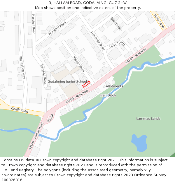3, HALLAM ROAD, GODALMING, GU7 3HW: Location map and indicative extent of plot