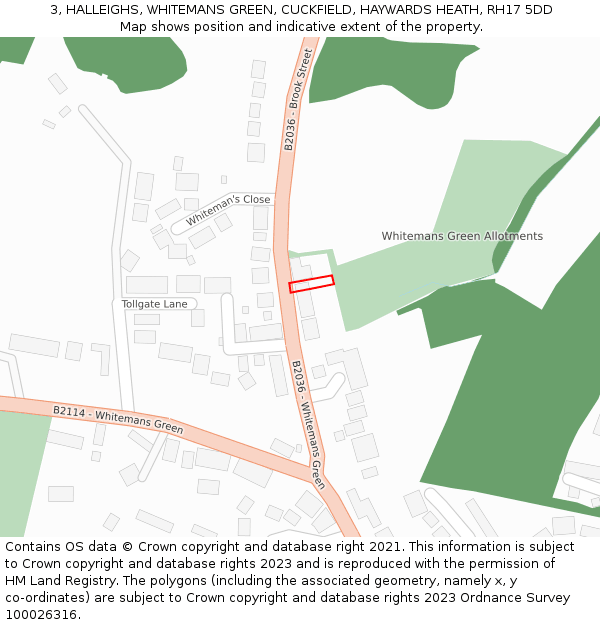 3, HALLEIGHS, WHITEMANS GREEN, CUCKFIELD, HAYWARDS HEATH, RH17 5DD: Location map and indicative extent of plot
