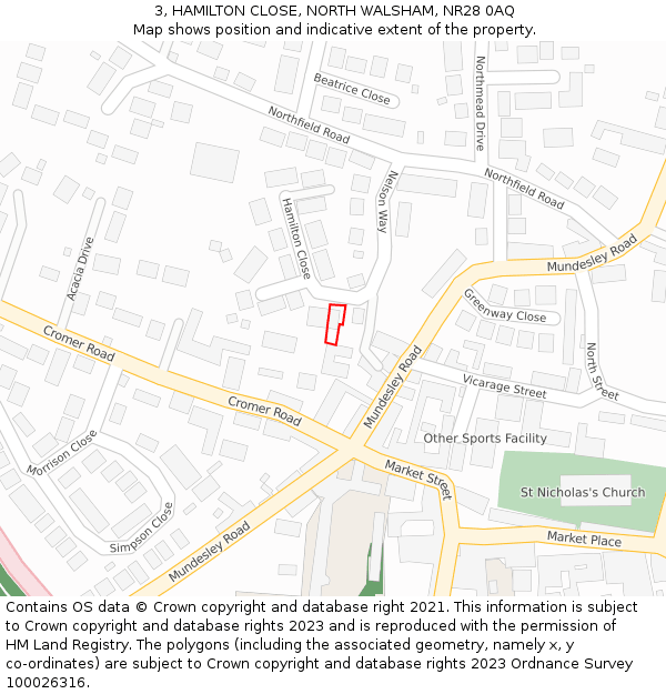 3, HAMILTON CLOSE, NORTH WALSHAM, NR28 0AQ: Location map and indicative extent of plot