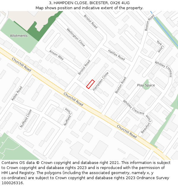 3, HAMPDEN CLOSE, BICESTER, OX26 4UG: Location map and indicative extent of plot