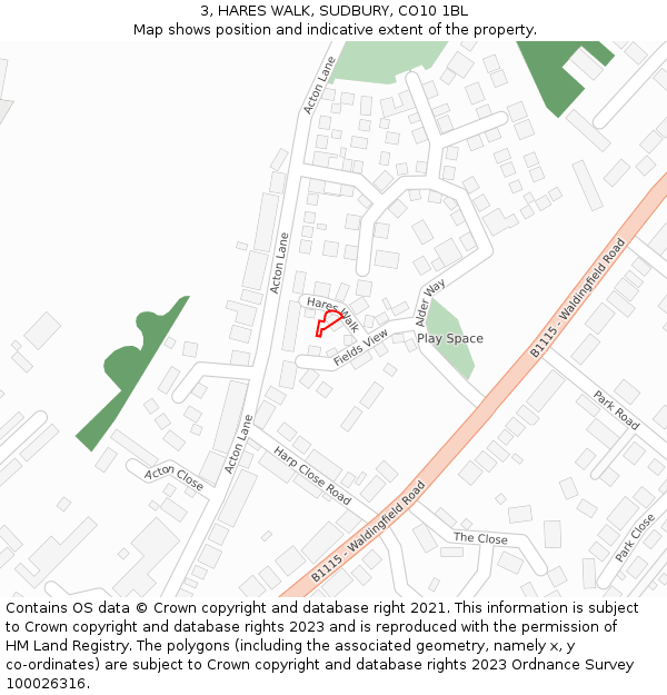 3, HARES WALK, SUDBURY, CO10 1BL: Location map and indicative extent of plot