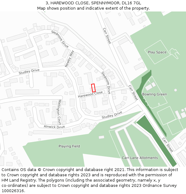 3, HAREWOOD CLOSE, SPENNYMOOR, DL16 7GL: Location map and indicative extent of plot