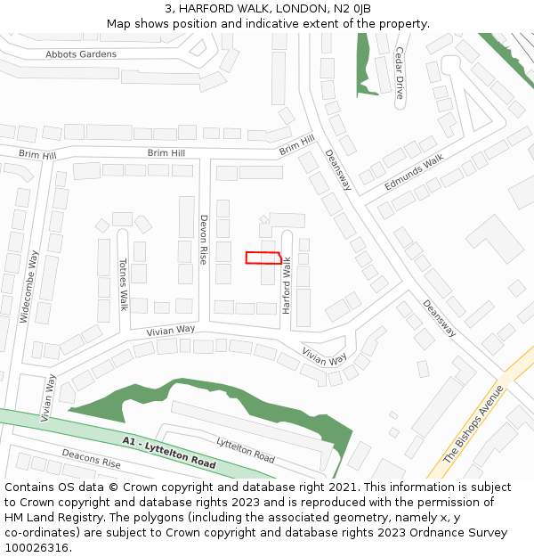3, HARFORD WALK, LONDON, N2 0JB: Location map and indicative extent of plot