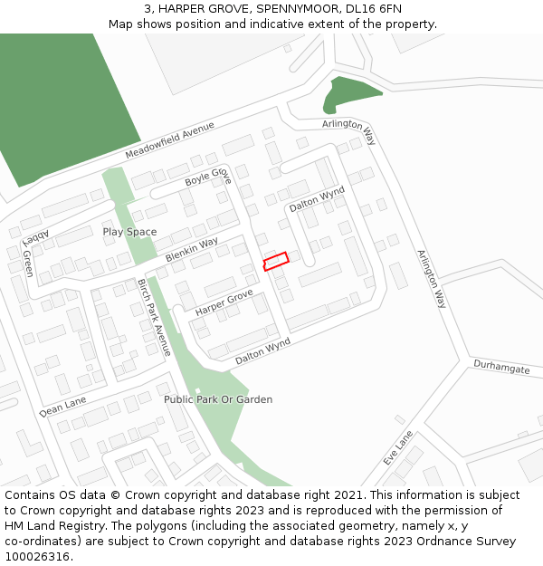 3, HARPER GROVE, SPENNYMOOR, DL16 6FN: Location map and indicative extent of plot