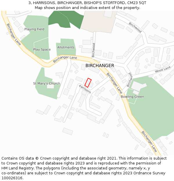 3, HARRISONS, BIRCHANGER, BISHOP'S STORTFORD, CM23 5QT: Location map and indicative extent of plot