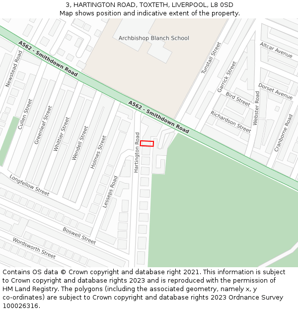 3, HARTINGTON ROAD, TOXTETH, LIVERPOOL, L8 0SD: Location map and indicative extent of plot