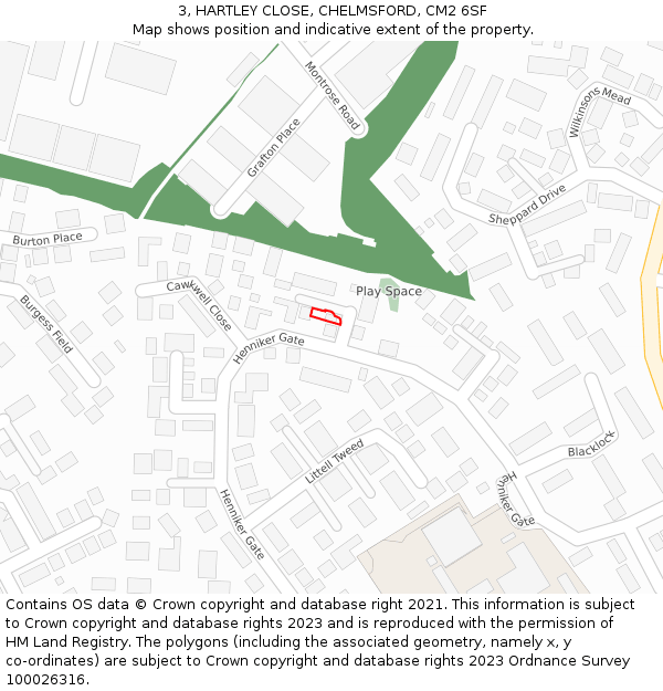 3, HARTLEY CLOSE, CHELMSFORD, CM2 6SF: Location map and indicative extent of plot