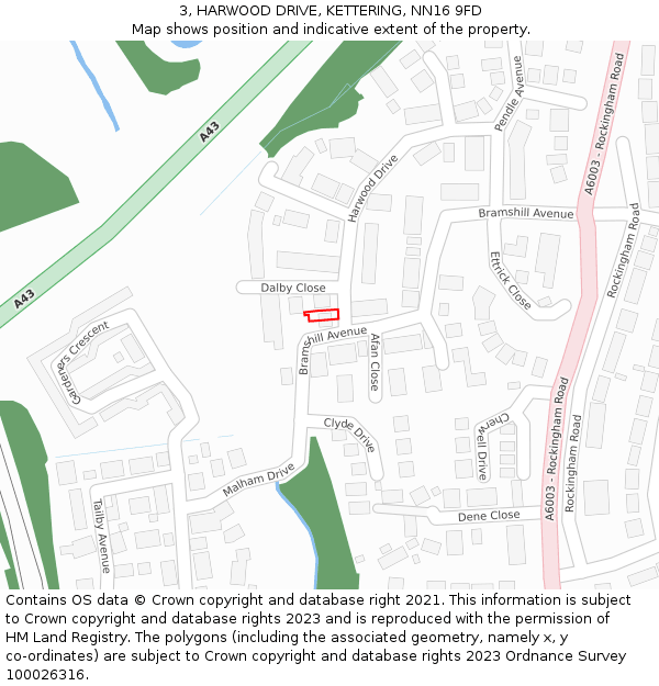 3, HARWOOD DRIVE, KETTERING, NN16 9FD: Location map and indicative extent of plot