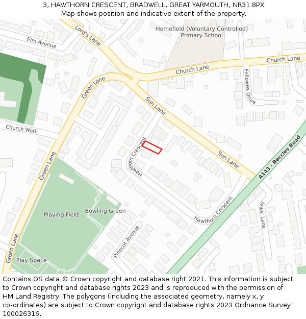 3, HAWTHORN CRESCENT, BRADWELL, GREAT YARMOUTH, NR31 8PX: Location map and indicative extent of plot