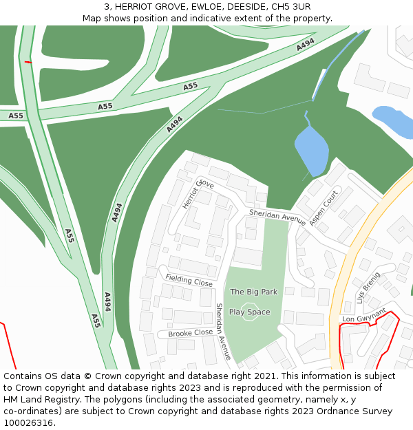 3, HERRIOT GROVE, EWLOE, DEESIDE, CH5 3UR: Location map and indicative extent of plot