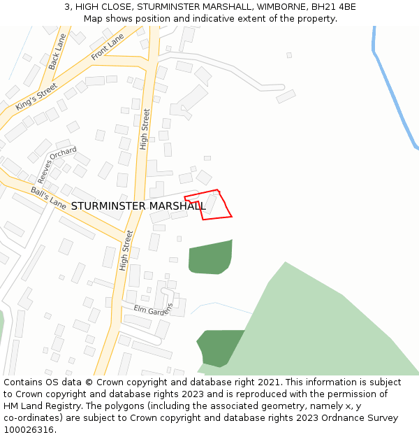 3, HIGH CLOSE, STURMINSTER MARSHALL, WIMBORNE, BH21 4BE: Location map and indicative extent of plot