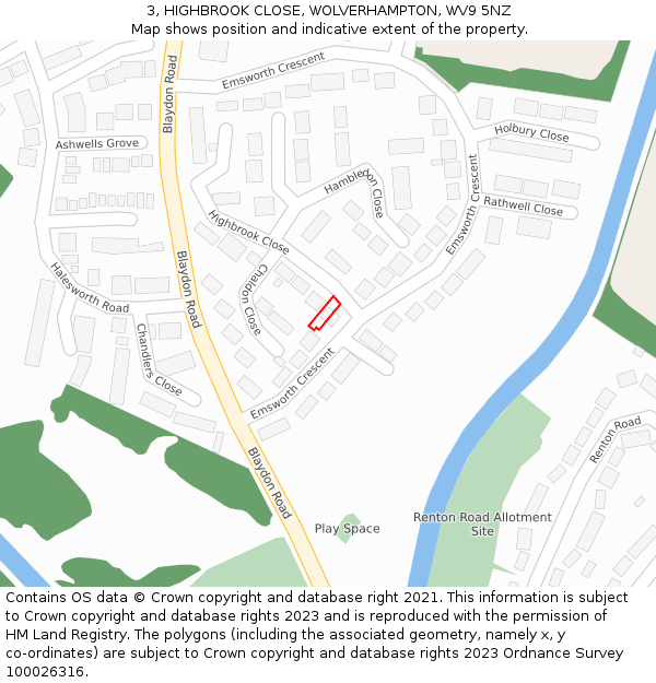 3, HIGHBROOK CLOSE, WOLVERHAMPTON, WV9 5NZ: Location map and indicative extent of plot
