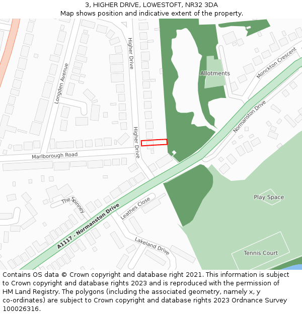 3, HIGHER DRIVE, LOWESTOFT, NR32 3DA: Location map and indicative extent of plot