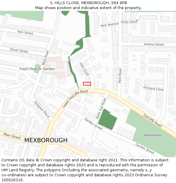 3, HILLS CLOSE, MEXBOROUGH, S64 9PB: Location map and indicative extent of plot