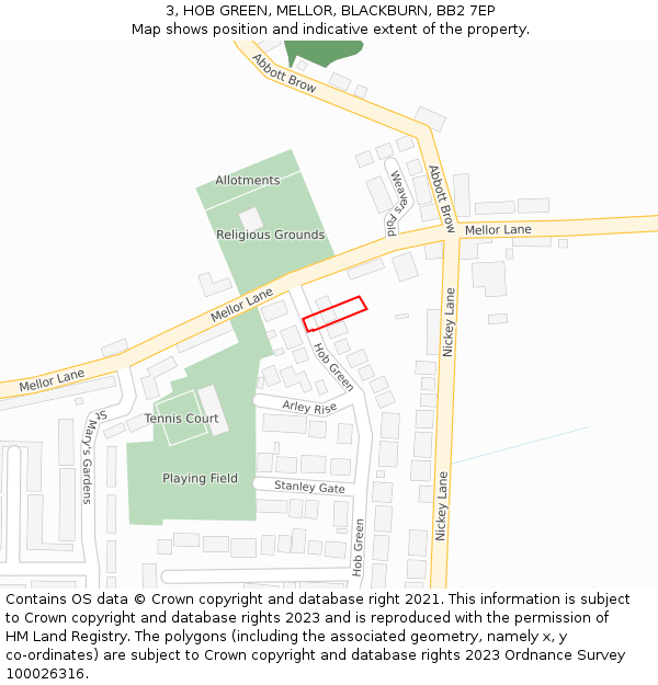 3, HOB GREEN, MELLOR, BLACKBURN, BB2 7EP: Location map and indicative extent of plot