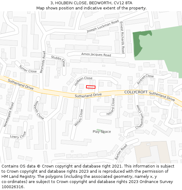 3, HOLBEIN CLOSE, BEDWORTH, CV12 8TA: Location map and indicative extent of plot