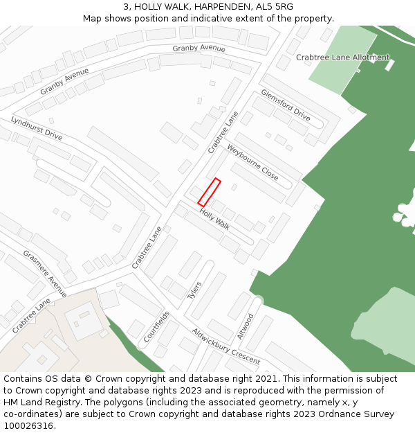3, HOLLY WALK, HARPENDEN, AL5 5RG: Location map and indicative extent of plot