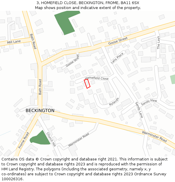 3, HOMEFIELD CLOSE, BECKINGTON, FROME, BA11 6SX: Location map and indicative extent of plot