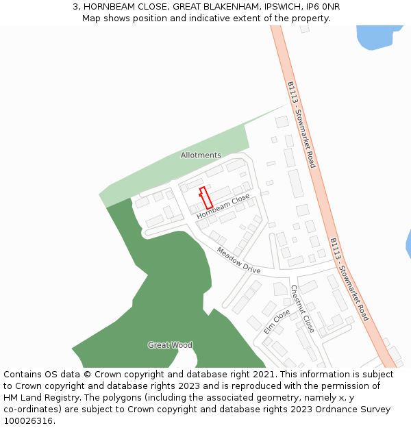3, HORNBEAM CLOSE, GREAT BLAKENHAM, IPSWICH, IP6 0NR: Location map and indicative extent of plot