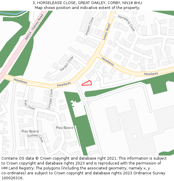 3, HORSELEASE CLOSE, GREAT OAKLEY, CORBY, NN18 8HU: Location map and indicative extent of plot