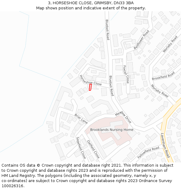 3, HORSESHOE CLOSE, GRIMSBY, DN33 3BA: Location map and indicative extent of plot