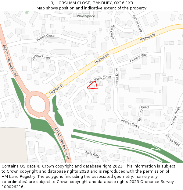 3, HORSHAM CLOSE, BANBURY, OX16 1XR: Location map and indicative extent of plot