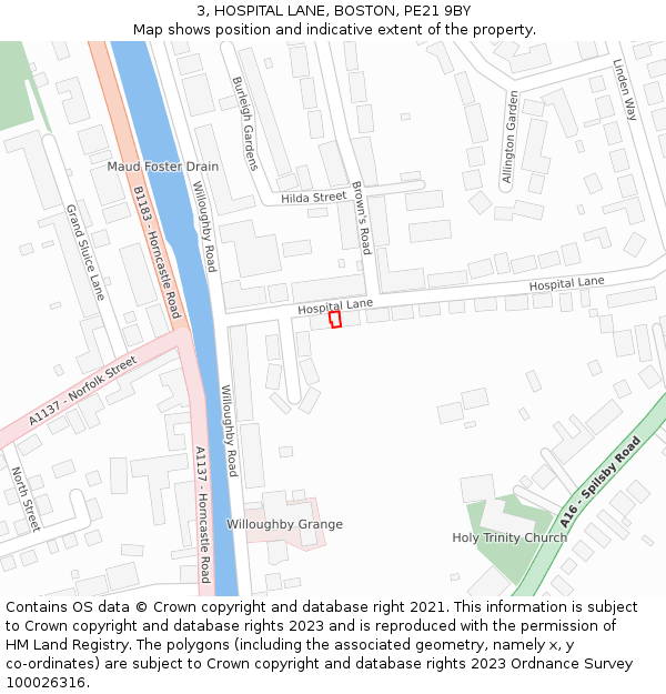 3, HOSPITAL LANE, BOSTON, PE21 9BY: Location map and indicative extent of plot