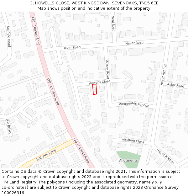 3, HOWELLS CLOSE, WEST KINGSDOWN, SEVENOAKS, TN15 6EE: Location map and indicative extent of plot