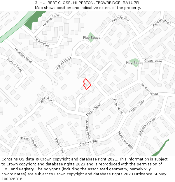 3, HULBERT CLOSE, HILPERTON, TROWBRIDGE, BA14 7FL: Location map and indicative extent of plot