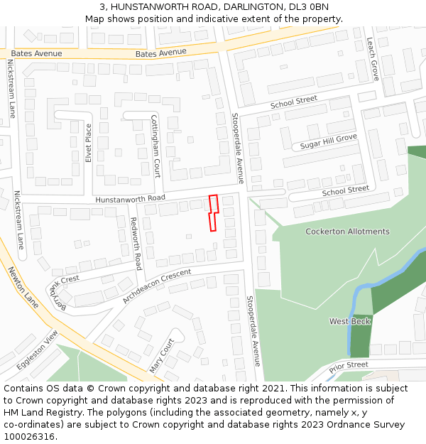 3, HUNSTANWORTH ROAD, DARLINGTON, DL3 0BN: Location map and indicative extent of plot