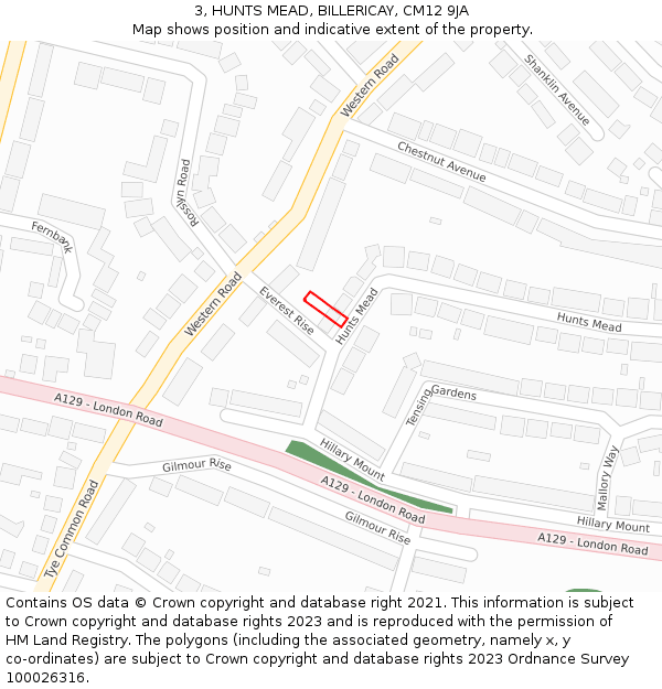 3, HUNTS MEAD, BILLERICAY, CM12 9JA: Location map and indicative extent of plot