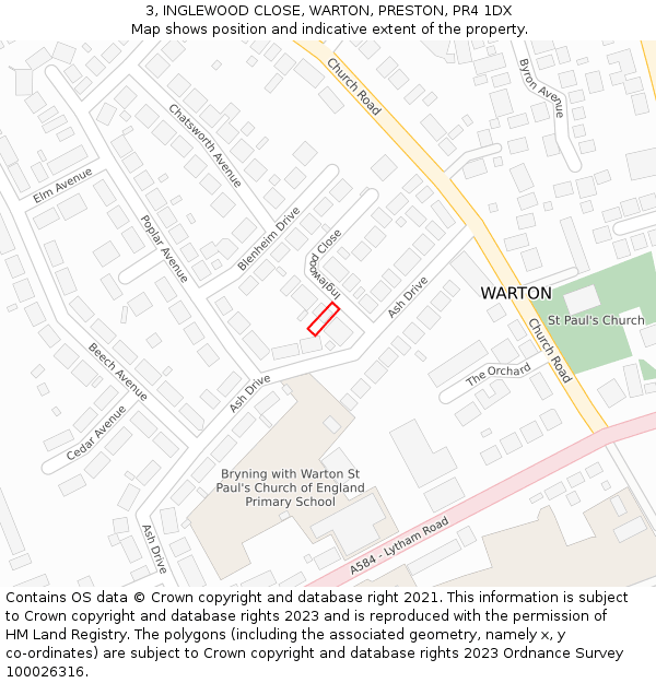 3, INGLEWOOD CLOSE, WARTON, PRESTON, PR4 1DX: Location map and indicative extent of plot