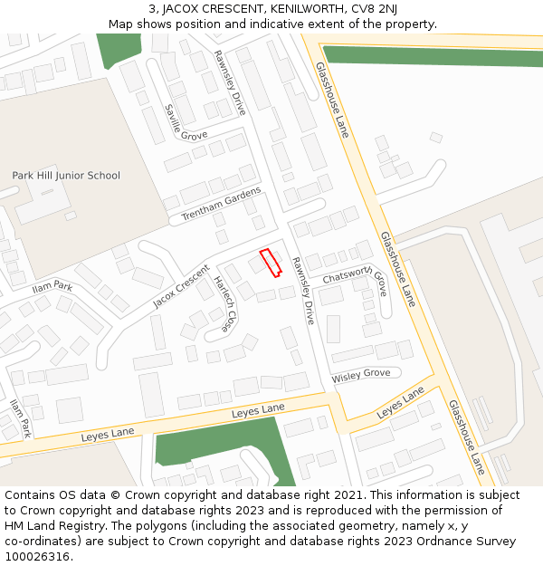 3, JACOX CRESCENT, KENILWORTH, CV8 2NJ: Location map and indicative extent of plot