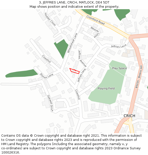 3, JEFFRIES LANE, CRICH, MATLOCK, DE4 5DT: Location map and indicative extent of plot