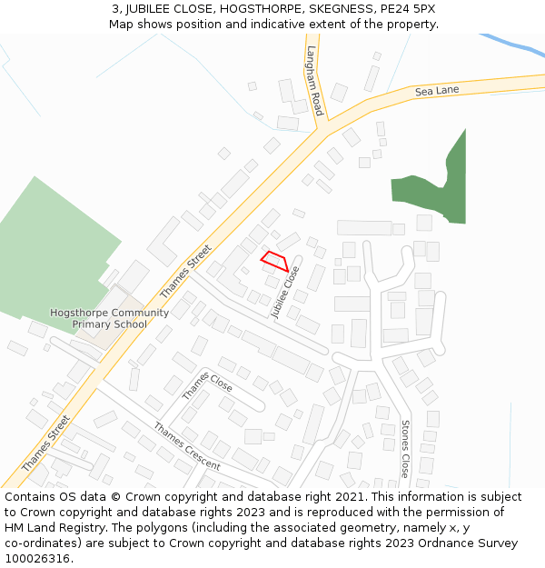 3, JUBILEE CLOSE, HOGSTHORPE, SKEGNESS, PE24 5PX: Location map and indicative extent of plot