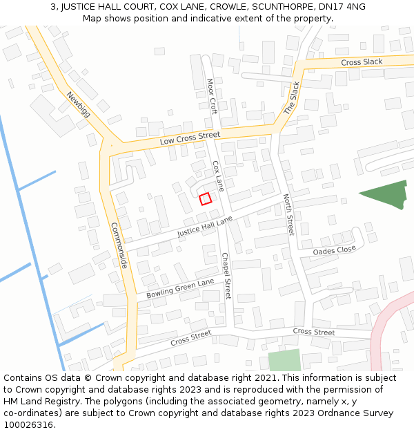 3, JUSTICE HALL COURT, COX LANE, CROWLE, SCUNTHORPE, DN17 4NG: Location map and indicative extent of plot