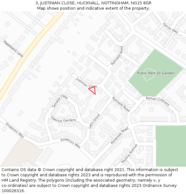 3, JUSTINIAN CLOSE, HUCKNALL, NOTTINGHAM, NG15 8GR: Location map and indicative extent of plot