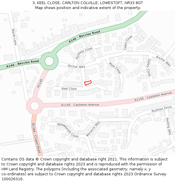 3, KEEL CLOSE, CARLTON COLVILLE, LOWESTOFT, NR33 8GT: Location map and indicative extent of plot
