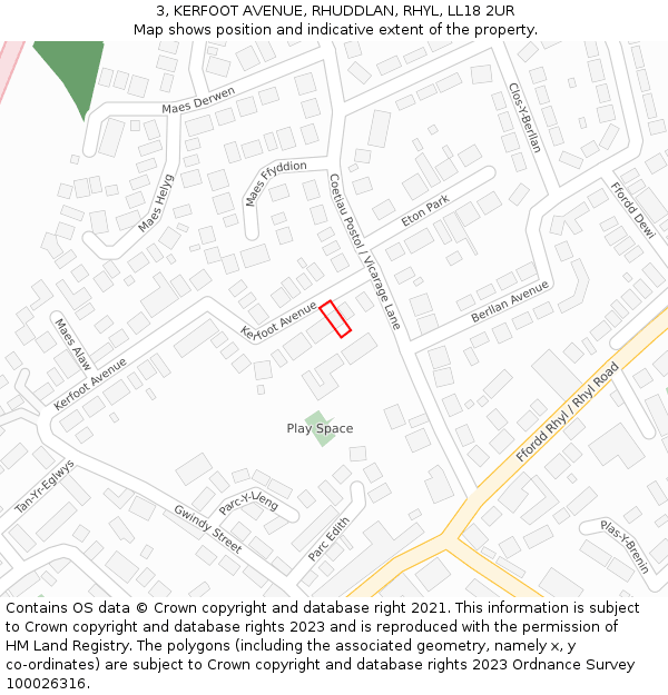 3, KERFOOT AVENUE, RHUDDLAN, RHYL, LL18 2UR: Location map and indicative extent of plot