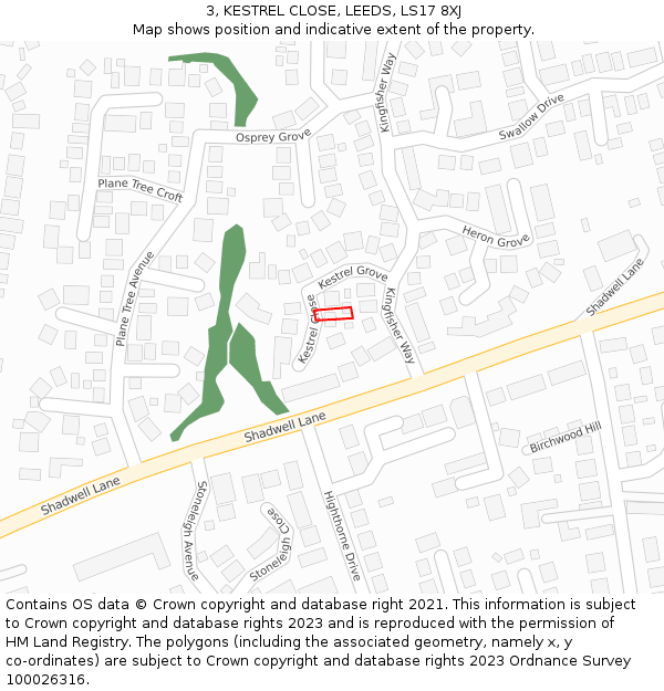 3, KESTREL CLOSE, LEEDS, LS17 8XJ: Location map and indicative extent of plot