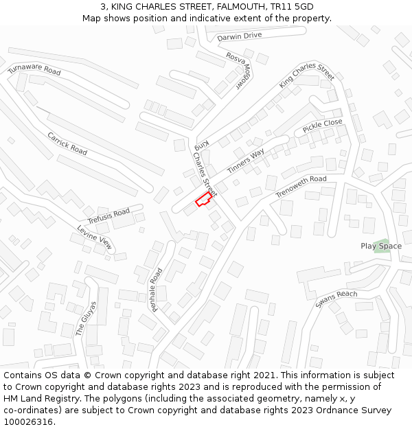 3, KING CHARLES STREET, FALMOUTH, TR11 5GD: Location map and indicative extent of plot