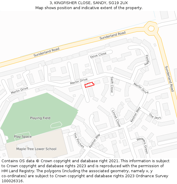 3, KINGFISHER CLOSE, SANDY, SG19 2UX: Location map and indicative extent of plot