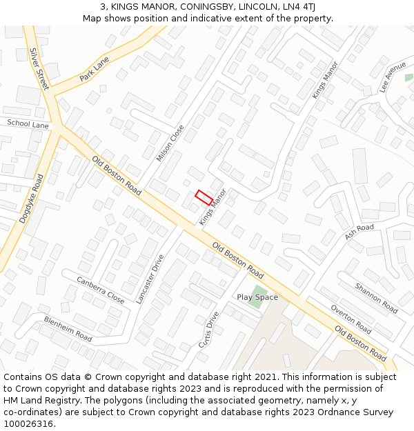 3, KINGS MANOR, CONINGSBY, LINCOLN, LN4 4TJ: Location map and indicative extent of plot